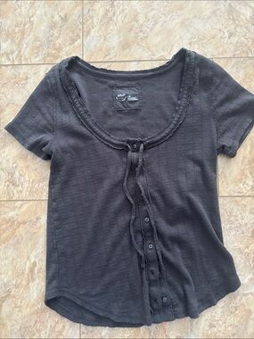 aerie grey Short-Sleeve Button-Front Ribbed Top